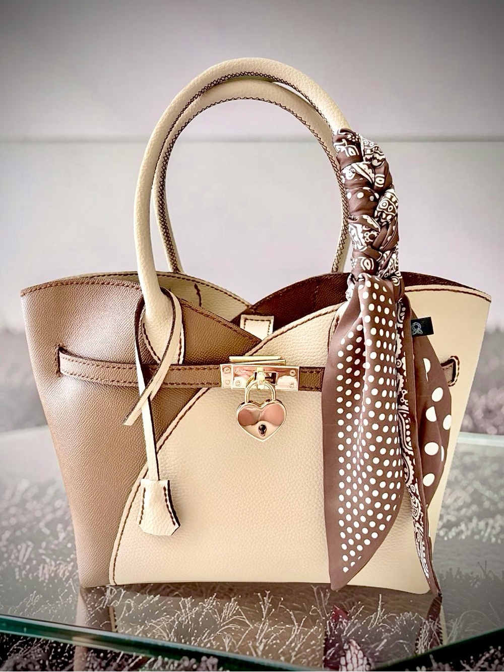 Two-Tone ‘Kelly-style’ Top-Handle Bag with Heart Lock & Key